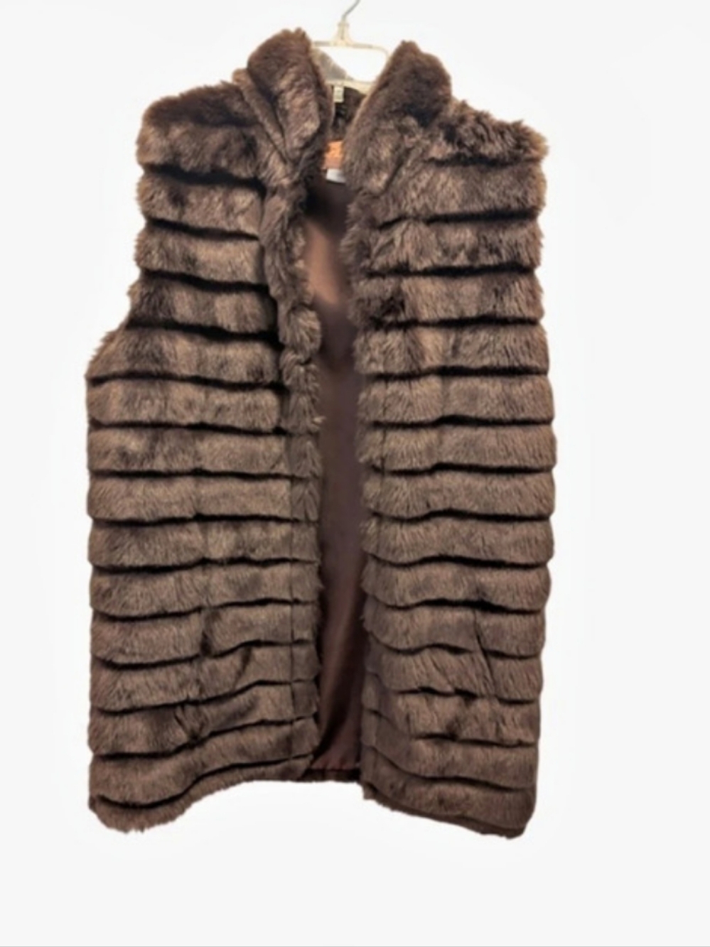 CC Exclusives Brown Faux Fur Hooded Vest Size S/M Tiered Ribbed Boho